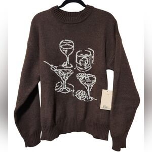 NEW Escape Brown Graphic Sweater with Cocktail/Wine Motiff Design Size Medium